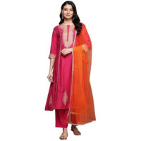 Varanga Women Pink Zari Embroidered Contrast Yoke Kurta With Bottom And Contrast Dupatta