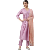 Janasya Women's Mauve Poly Silk Solid Kurta with Pant and Dupatta