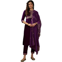 SheWill Womens Purple Embroidered Sequinned Velvet Kurta Set with Trousers & Dupatta