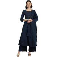 SHOWOFF Women's Round Neck Solid Calf Length Empire Navy Blue Anarkali Kurta Set-GW-2997_NavyBlue_L