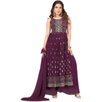 Xomantic Fashion Womens Wine Color Georgette Nyra Cut Kurta Plazzo Set with Dupatta (X-Small, Wine)