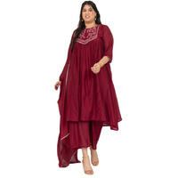 Janasya Women's Plus Size Red Chanderi Embellished Kurta with Palazzo and Dupatta (PSET839-KR-PP-N-3XL)