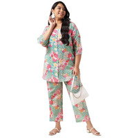 Janasya Women's Plus Size Multicolor Cotton Ethnic Motifs A-Line Co-ord Set(XLA24CD00298-XL)