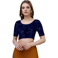 Vihu Fashion Women's Readymade Hosiery Velvet Lycra Stretchable Round Neck Half Sleeve Blouse Fancy Navy Blue Color Lycra Stretchable Blouse for Women Readymade Saree Blouse