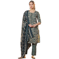 Stylum Women's Floral Printed Cotton Blend Straight Kurta Pant Dupatta Set (KPDTIGERGREEN38_Dark Green, M)