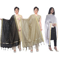KEMZA Women's Zari Work Chanderi Silk Dupatta (Black-Beige-White) Combo Pack of 3 | Banarasi Dupatta For Girls