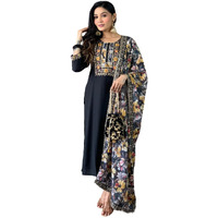 Naixa Women's Black Chanderi Viscose Embroidered Straight Kurta with Pant and Crep Silk Printed Dupatta Sets (NX-S-Hazel-Black-XL)