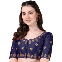 Pujia Mills Women's Silk Embroidery Coding Multi Work Readymade Saree Blouse(Reena Navy Blue_38)