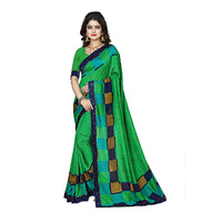 OOMPH! Womens Linen Silk Blend Printed Kalamkari Sarees with Tassles - Parakeet Green & Navy Blue