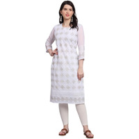 Ekasya Women's Georgette Straight Cut Sweetheart Round Neck Kurta with Beautiful Lucknowi Chickenkari Embroidery Work (E1606) White