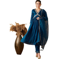 LookMark Women's Embroidered Georgette Alia Cut Kurta Pant Dupatta Set - Trendy and Elegant Ethnic Wear for Women (AZ-LM-OG-KS2112-M) Blue