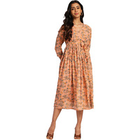 Janasya Women's Peach Georgette Floral Fit & Flare Dress(JNE4376-DR-S)
