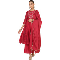 Janasya Women's Red Chanderi Embellished Kurta with Palazzo and Dupatta(SET839-KR-PP-XXL)