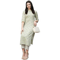 ANNI DESIGNER Women's Cotton Blend Straight Printed Kurta with Pant (Babita Green_L_Green_Large)