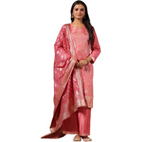 ishin Women's Poly Silk Ethnic Motifs Pink Straight Kurta Suit Set with Trousers & Dupatta