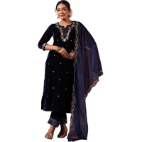 ishin Women's Velvet Embroidered Navy Blue Straight Kurta Suit Set with Trousers and Dupatta