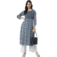 Stylum Women Indigo Floral Printed Cotton Straight Kurta (INDIGOBIRD50_Navy Blue, 5XL)