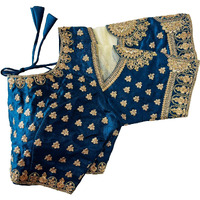 Pujia Mills Women's Heavy Milan Silk Codding Embroidery with Diamond Work Net Cutwork Blouse (Gopika Morpeach)