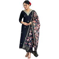 Naixa Women's Black Rayon Slub Embroidered Straight Kurta with Rayon Slub Pant and Chinon Jacquard Dupatta Sets (NX-542-Black-XL)