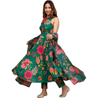 GoSriKi Women's Cotton Blend Printed Anarkali Kurta with Pant & Dupatta (Tanujashri Green-GS_S_Green_Small)