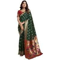 SWARON Women's Silk Blend Paithani Jacquard Work Saree with Unstitched Blouse Piece (3806S538NW_Dark Green & Red2)