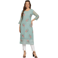 Ekasya Women's Georgette Straight Cut Round Neck Kurta with Beautiful Floral Embroidery Work (E1549) Sky