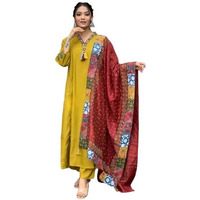 ACINOS Gorgeous Women Mustard Chanderi Silk Embroidered Kurta Pant Dupatta Set