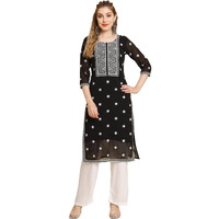 VAIRAGEE Women's Georgette Straight Cut Round Neck Kurta with Beautiful Embroidery Thread Work (1553) Black