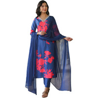 GoSriKi Women's Cotton Blend Straight Printed Kurta with Pant & Dupatta (PROTIN-Cerosin-NW-GS_3XL_Blue_XXX-Large)