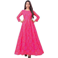 Anveri Textiles Women's Ready to Wear Georgette Round Bandhani Printed 3/4 Sleeve Gown Style Kurti Kurta Indian Dress (Bandani_Pink_6XL)