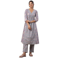 Janasya Women's Light Blue Cotton Floral Panelled Kurta Set (JAA24ST00029-3XL)