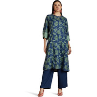 RIVER Women's Poly Matka with Cotton Touch Floral Regular Kurta (RV-AW22-KR-1001/1_Blue_L)