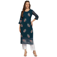 Ekasya Women's Georgette Straight Cut Round Neck Kurta with Beautiful Floral Embroidery Work (E1549) Teal Blue