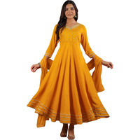 Janasya Women's Mustard Rayon Zari Embroidered Anarkali Kurta Set (JAB24ST00983-XS)