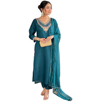 Women's Petrol Chanderi Viscose Embroidered Straight Kurta with Chanderi Viscose Pant and Naylon Jacquard Dupatta Sets (NX-S-Nilam-Petrol-XL)