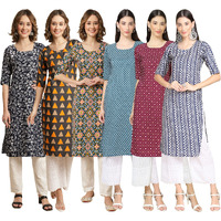 Pinkmint Women's Crepe Digital Print Straight Kurta [Pack of 6](CR-388-387-383-351-355-348-S)