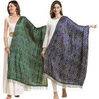 KEMZA Women's Bandhani Printed Art Silk Dupatta (Green-Navy Blue)