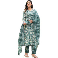 KLOSIA Women Printed Straight Kurta and Pant Set with Dupatta | Kurta Set | Ethnic Set | Dupatta Set | Festive Suit | Office Wear Kurta Set | (Large) Green