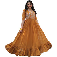 Fashion Basket Georgette Anarkali Gown with Sequins and Embroidery for Women with Long Sleeves (Medium, Yellow)