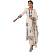 GoSriKi Women's Rayon Blend Embroidered Straight Kurta with Pant & Dupatta (TRP-Off-White-NBH-GS_L_White_Large)
