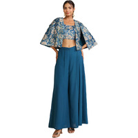 Janasya Women's Teal Blue Velvet Floral Printed Crop Top with Palazzo & Cape Set (JAB24ST00686-XL)