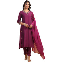 Janasya Women's Purple Silk Blend Embroidered A-Line Kurta Set (JAC24ST01119-S)
