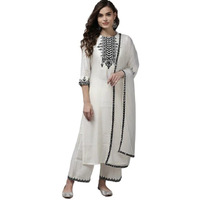 PATLANI Women's Micro Malay Embroidered Straight Kurti Palazzo Pants Set with Dupatta.(White-Black-M)