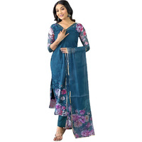 Naixa Women's Petrol Pure Organza Printed A-Line Kurta with Malai Crep Pant and Pure Organza Printed Dupatta Sets (NX-J-Niharika-Petrol-XXL)