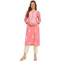 VAIRAGEE Women's Soft Slub Cotton Straight Cut Round Neck Kurta with Beautiful Lucknowi Chickenkari Work (1571) Pink