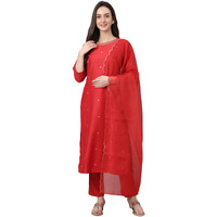 Janasya Women's Red Chinon Solid Kurta with Pant and Dupatta(SET564-KR-NP-XS)