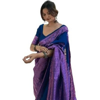 Flosive Women's Kanjivaram Silk Saree With Beautiful Blouse With Zari Border (NAVY BLUE)