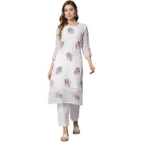 Ekasya Women's Georgette Straight Cut Round Neck Kurta with Beautiful Floral Embroidery Work (E1549) White