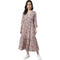 Janasya Women's Peach Cotton Floral Block Print Flared Kurta