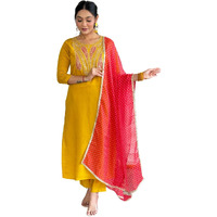 Naixa Women's Mustard Chanderi Embroidered Straight Kurta with Chanderi Pant and Georgette Printed Dupatta Sets (NX-597-Mustard-L)